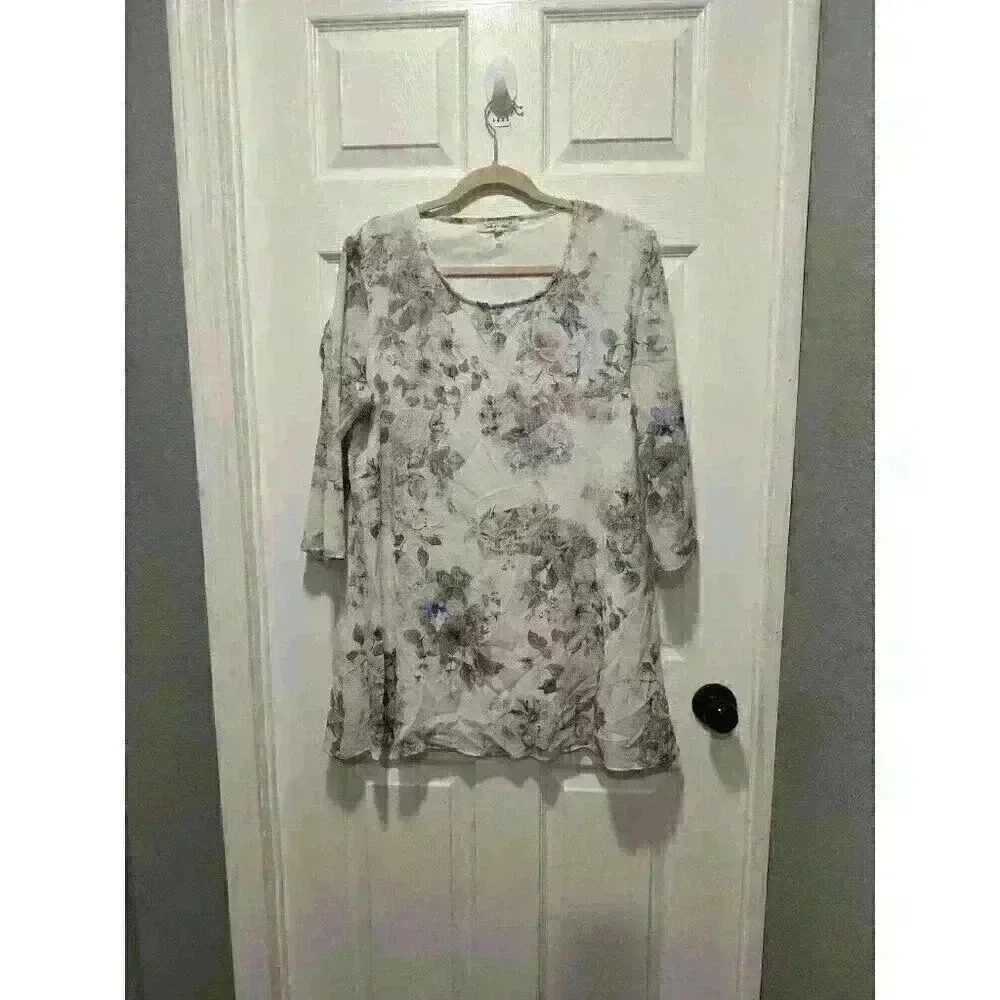 Indigo Soul Chiffon Floral Print Tunic‎ Blouse Top Size Large